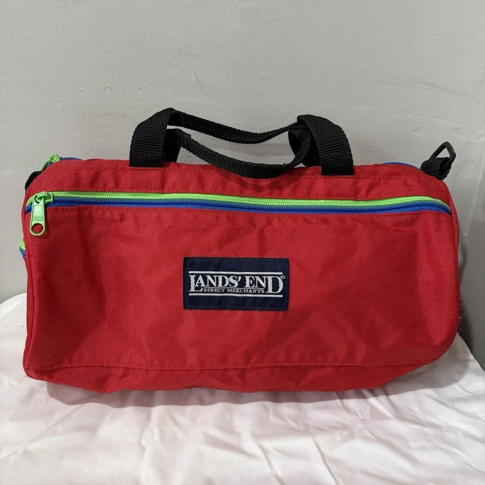 Vintage Land's End Red duffle bag small Vinyl 90s Green Blue Zipper 12